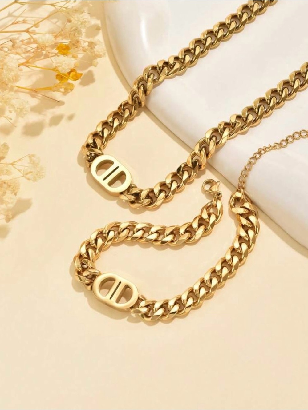 SOLD Stainless Steel Luxury Designer Gold Chain Bracelet & Necklace Set - Picture 13 of 16